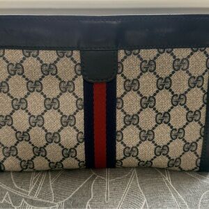 Gucci Beige Monogram Canvas Clutch with Navy & Red Web